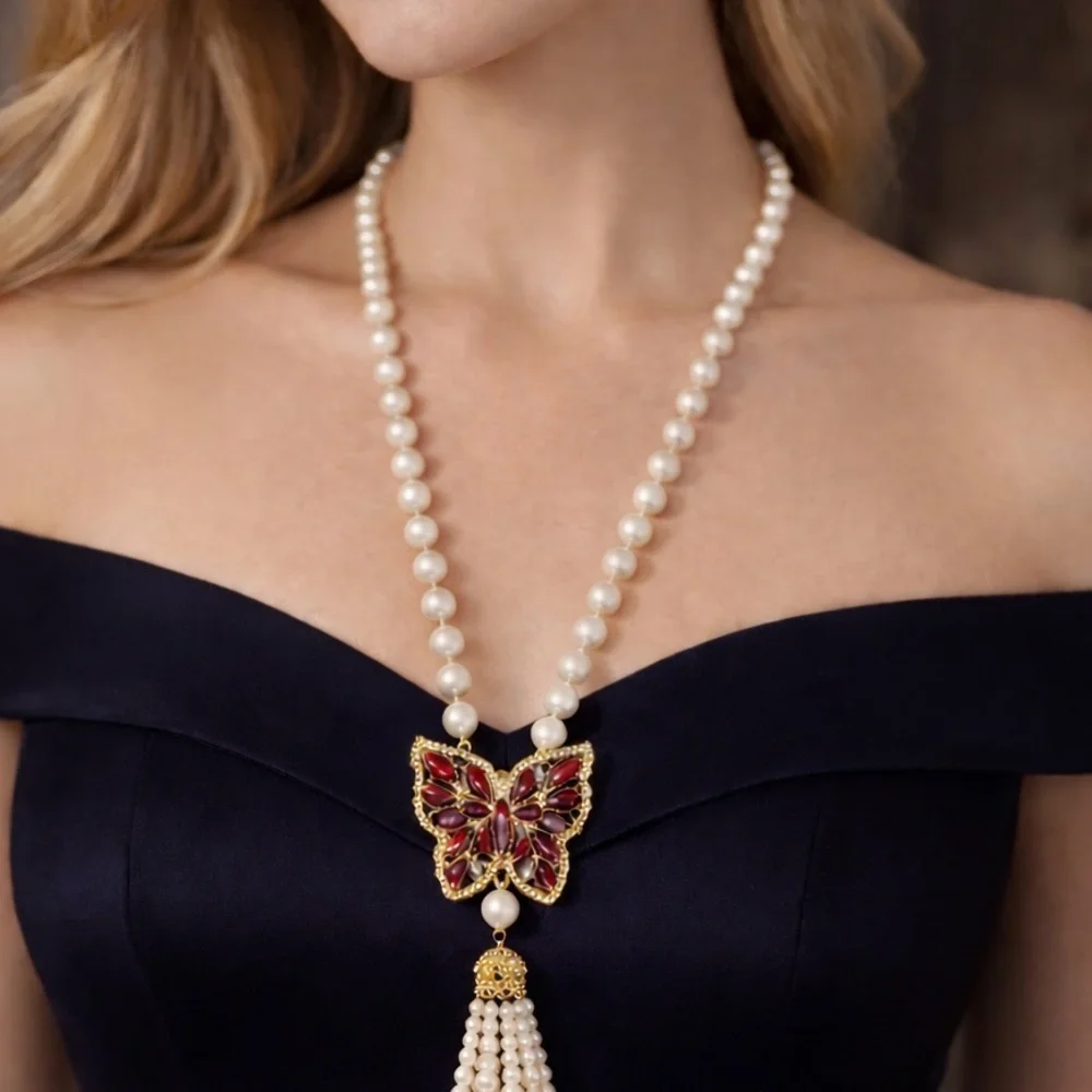Elegant Faux Pearl Necklace w/ Red Butterfly Pendant & Tassel Vintage Style - Picture 6 of 7